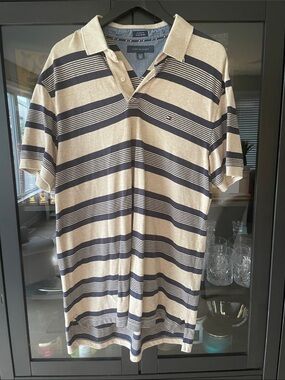 Tommy Hilfiger Men’s Beige and Navy Horizontal Stripe Polo